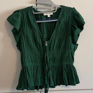 Elegant Forest Green Blouse with Ruffle Details
